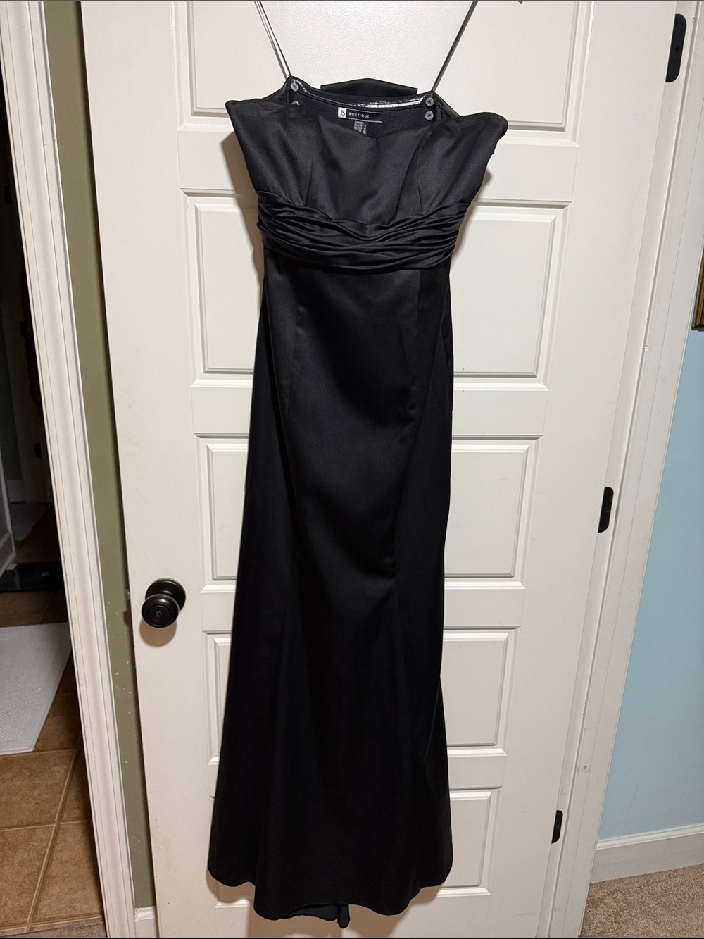 JS Boutique Black Strapless Satin Evening Dress